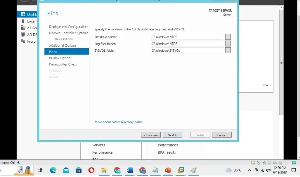 Location of the AD DS database, log files and SYSVOL folder