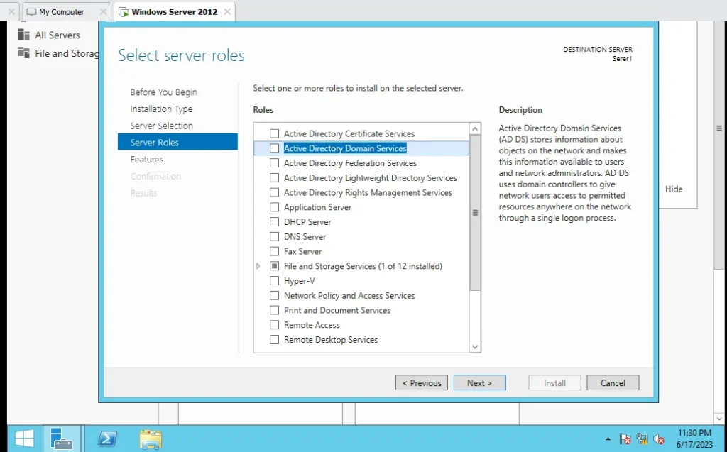 Server Roles- Select "Active Directory Domain Services" 